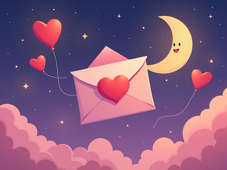 Lettre d'amour rose scellée d'un cœur rouge sous la lune