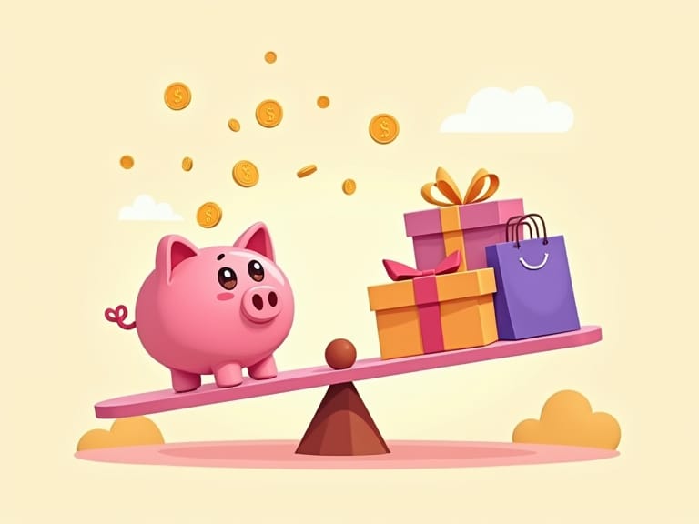 Tirelire rose sur une balançoire face à des cadeaux